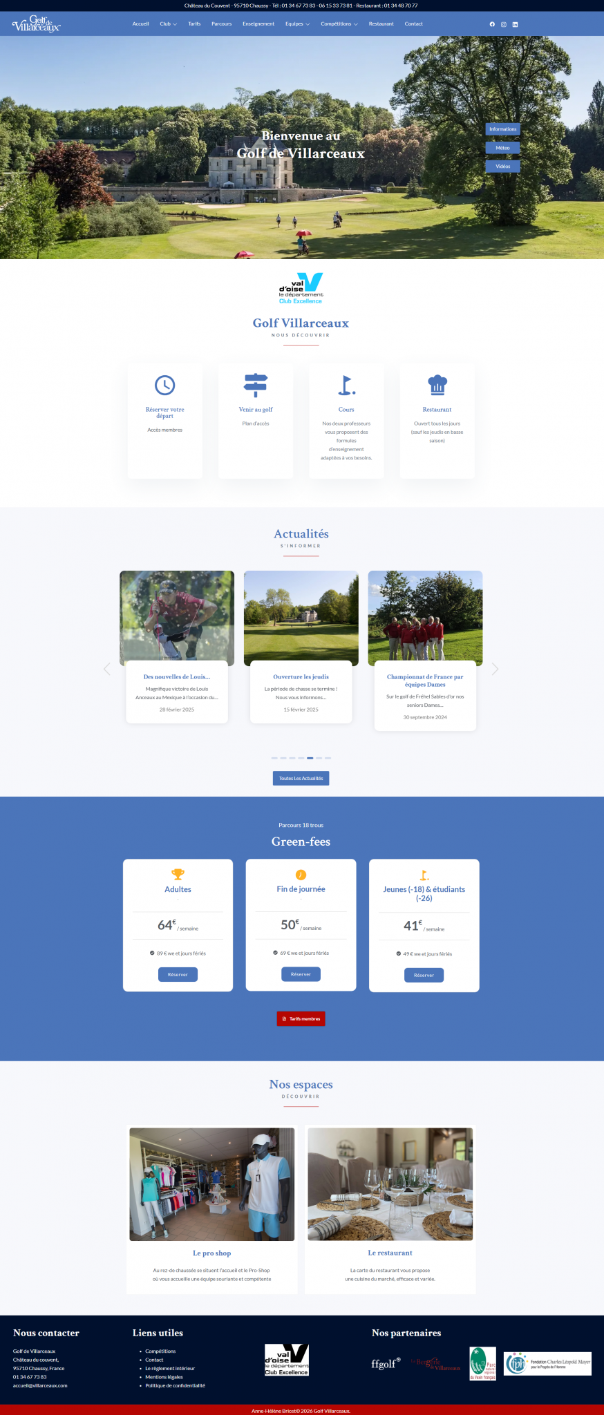 Aperçu de la page d'accueil du site du golf de Villarceaux.